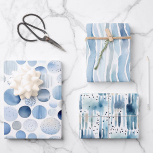 Aquarellblaue abstrakte Streifen Kreise Geschenkpapier Set