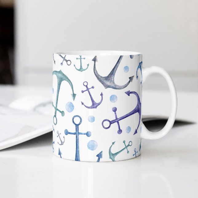 Aquarellblaue Anker. Nautische Ozeanmuster Kaffeetasse (Von Creator hochgeladen)