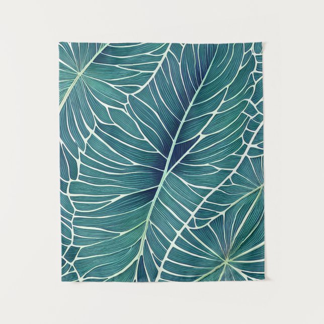 Aquarellblaue Aquamarine tropische Blätter Wandteppich (Vorderseite)