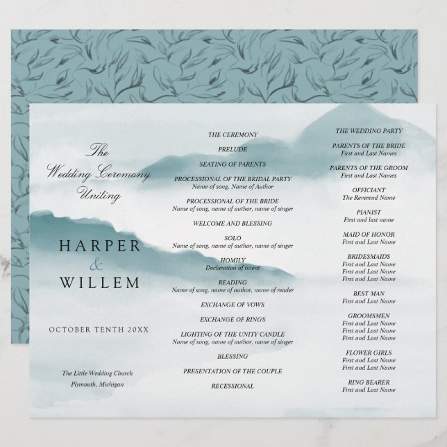 Aquarellblaue Berge dreifaches Hochzeitsprogramm (Vorne/Hinten)