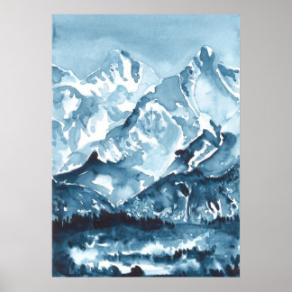 Aquarellblaue Berge, Landschaft Poster