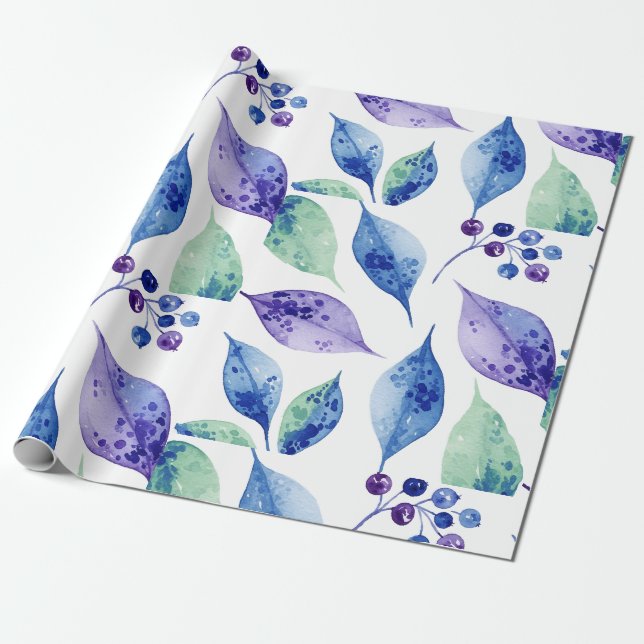 Aquarellblaue Blätter Geschenkpapier (Ungerollt)
