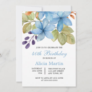 Aquarellblaue Blume Botanisch jedes Alter Geburtst Einladung