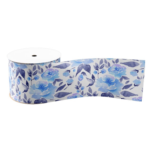 Aquarellblaue Blumen 2 Ripsband (Spule)