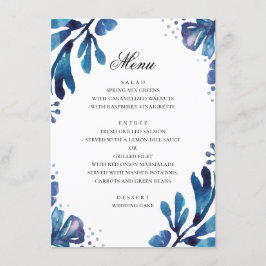 Aquarellblaue Blumen. Botanische Hochzeit der Mari Menükarte