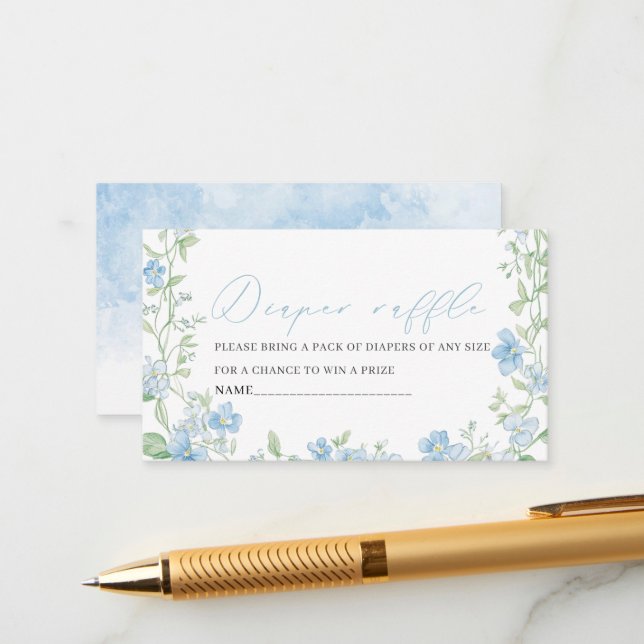 Aquarellblaue Blumen Bugband Babydusche Begleitkarte (Vorderseite/Rückseite Beispiel)