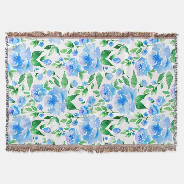 Aquarellblaue Blumen Decke (Vorderseite)