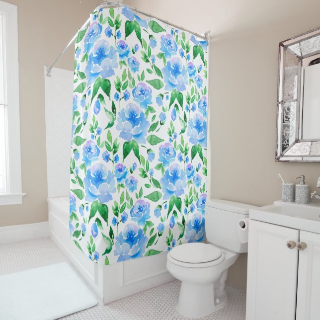 Aquarellblaue Blumen Duschvorhang (Beispiel)