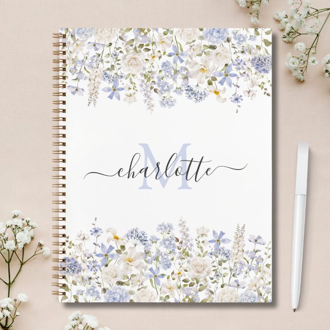 Aquarellblaue Blumen Elegantes Skript Monogrammier Notizbuch (Von Creator hochgeladen)