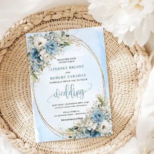 Aquarellblaue Blumen Eukalyptus Gold Hochzeit Einladung