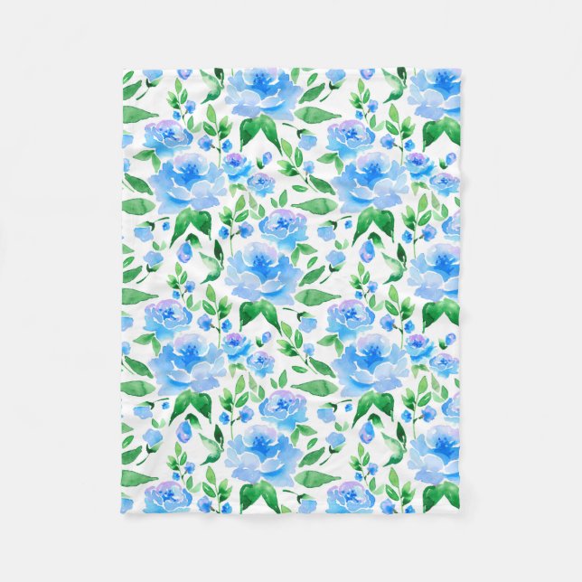 Aquarellblaue Blumen Fleecedecke (Vorderseite)