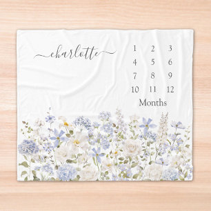 Aquarellblaue Blumen Florale Baby-Meilenstein Fleecedecke