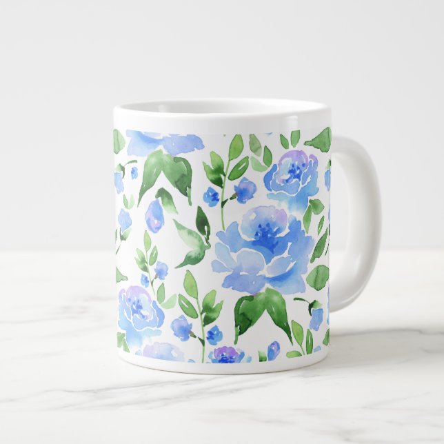 Aquarellblaue Blumen Jumbo-Tasse (Vorderseite Rechts)