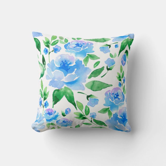 Aquarellblaue Blumen Kissen (Vorderseite)