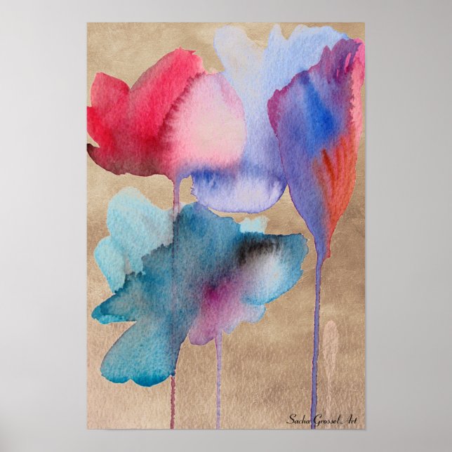 Aquarellblaue Blumen Moderne Blumen auf Taupe Poster (Vorne)
