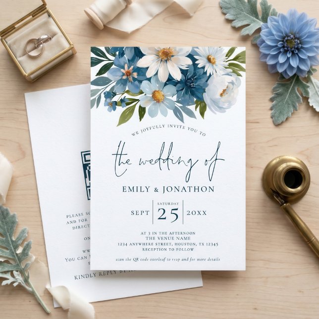 Aquarellblaue Blumen QR-Code-Hochzeit Einladung (Von Creator hochgeladen)