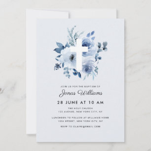 Aquarellblaue Blumen Tauf Einladung