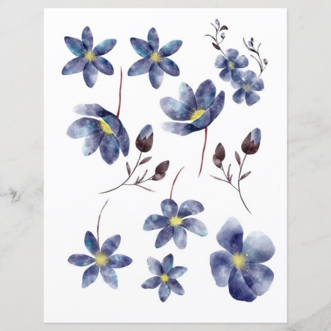 Aquarellblaue Blumen zum Ausschneiden und Kollagen (Vorderseite)