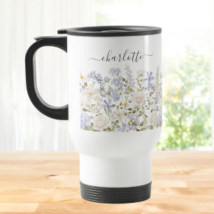 Aquarellblaue Blumenblumen Elegantes Monogramm Reisebecher