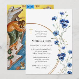 Aquarellblaue Blumenranke Orthodoxe Taufe  Einladung