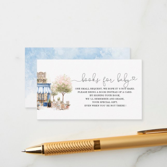 Aquarellblaue Bonjoor Bebe Babyduschbücher für Begleitkarte (Vorderseite/Rückseite Beispiel)