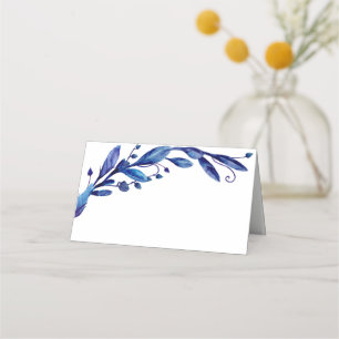 Aquarellblaue botanische Hochzeit. Florale Foliage Platzkarte