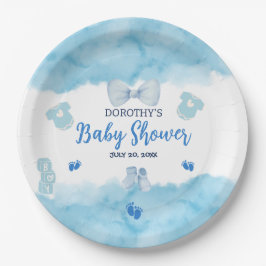 Aquarellblaue Cloud Pastellpinsel Baby Boy Dusche Pappteller