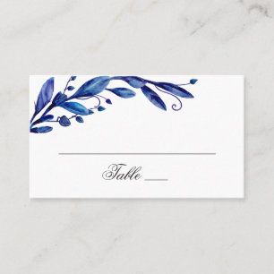 Aquarellblaue Foliage. Navy botanische Hochzeit Platzkarte
