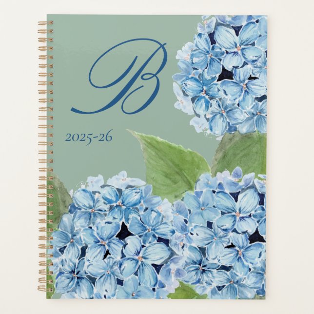 Aquarellblaue Hortensie mit Initiale  Planer (Vorderseite)