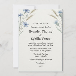 Aquarellblaue Kornblumen- & Weizenhochzeit Einladung