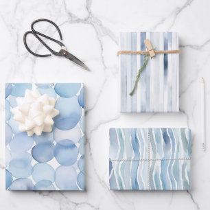Aquarellblaue Linien Kreise Abstrakte Muster Geschenkpapier Set