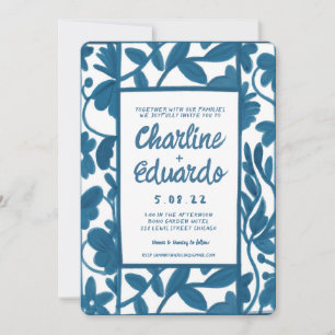 Aquarellblaue moderne Floral-Hochzeit mit handgesc Einladung