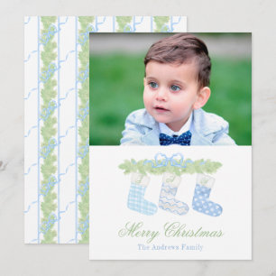 Aquarellblaue Monogramm-Weihnachtsstrümpfe Foto Feiertagskarte
