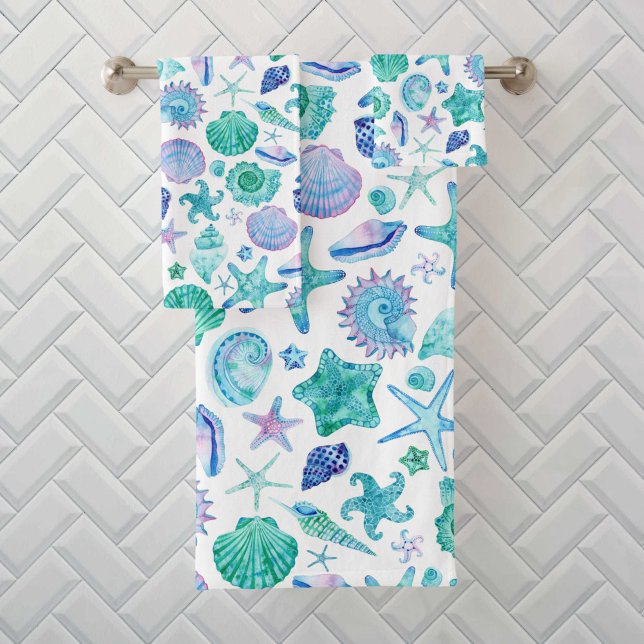 Aquarellblaue Muscheln und Sternenmuster Badhandtuch Set (Watercolor Blue Sea Shells and Starfish Pattern Bath Towel Set)