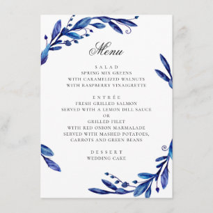 Aquarellblaue Navy-Blumen-Winterhochzeit Menükarte