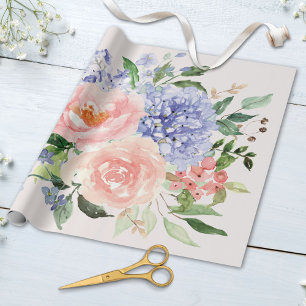Aquarellblaue rosa Hortensien-Pfingstrosen Frühlin Geschenkpapier