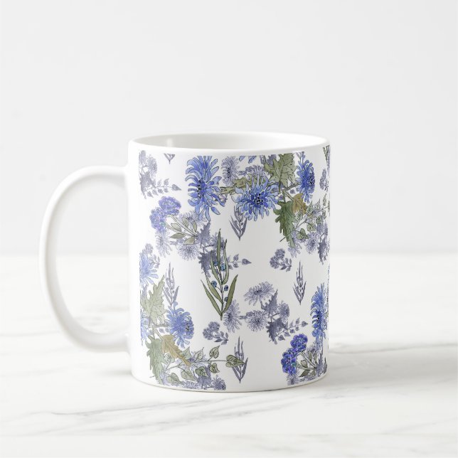 Aquarellblaue Rose Blume federn Weiß Kaffeetasse (Links)