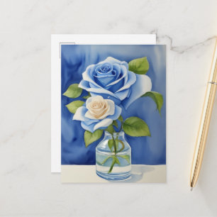 Aquarellblaue Rose in einer Vase Postkarte