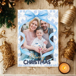 Aquarellblaue Schleifen-Glocken Vintage Weihnachts Feiertagskarte