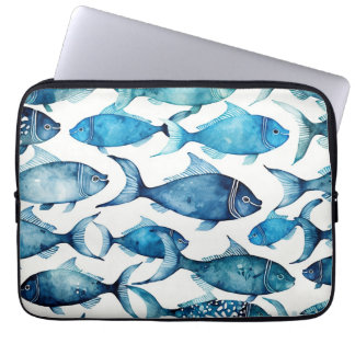 Aquarellblaue Seefischmuster Nautische Tiere Laptopschutzhülle
