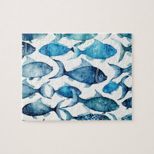 Aquarellblaue Seefischmuster Nautische Tiere Puzzle