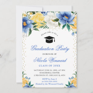 Aquarellblaue und gelbe Blumen Abschluss Einladung