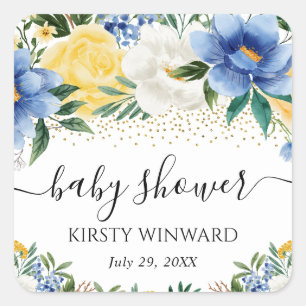 Aquarellblaue und gelbe Blumen-Baby-Party Quadratischer Aufkleber