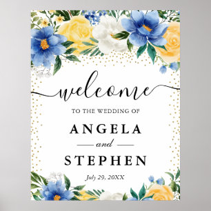 Aquarellblaue und gelbe Blumen Hochzeitsbegrüßung Poster