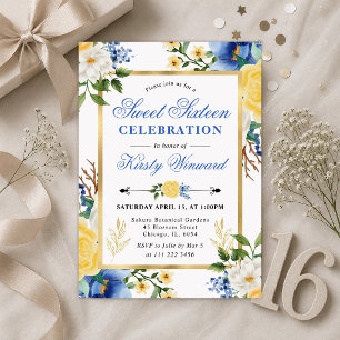 Aquarellblaue und gelbe Blumen Sweet 16 Einladung