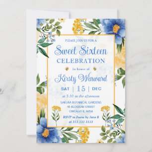 Aquarellblaue und gelbe Blumen Sweet Sixteen Einladung