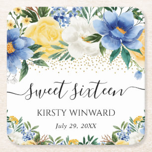 Aquarellblaue und gelbe Blumen Sweet Sixteen Rechteckiger Pappuntersetzer