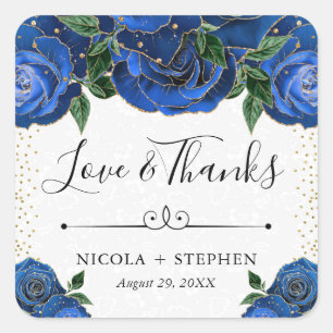 Aquarellblaue und goldene Glamour-Rosen-Hochzeit Quadratischer Aufkleber