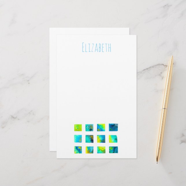 Aquarellblaue und grüne Quadrate Briefpapier (Vorderseite/Rückseite Beispiel)