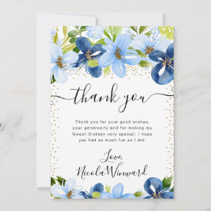 Aquarellblaue und marineblaue Blumen Sweet 16 Dankeskarte